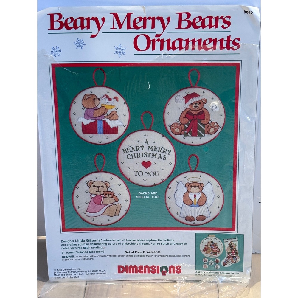 Vintage 1988 Dimensions Beary Merry Bears Christmas Crewel Ornament Kit 8062